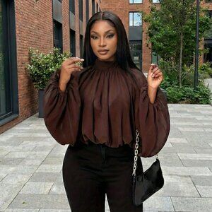 Plus Size 3X Chocolate Chiffon High Neck Lantern Sleeve Top